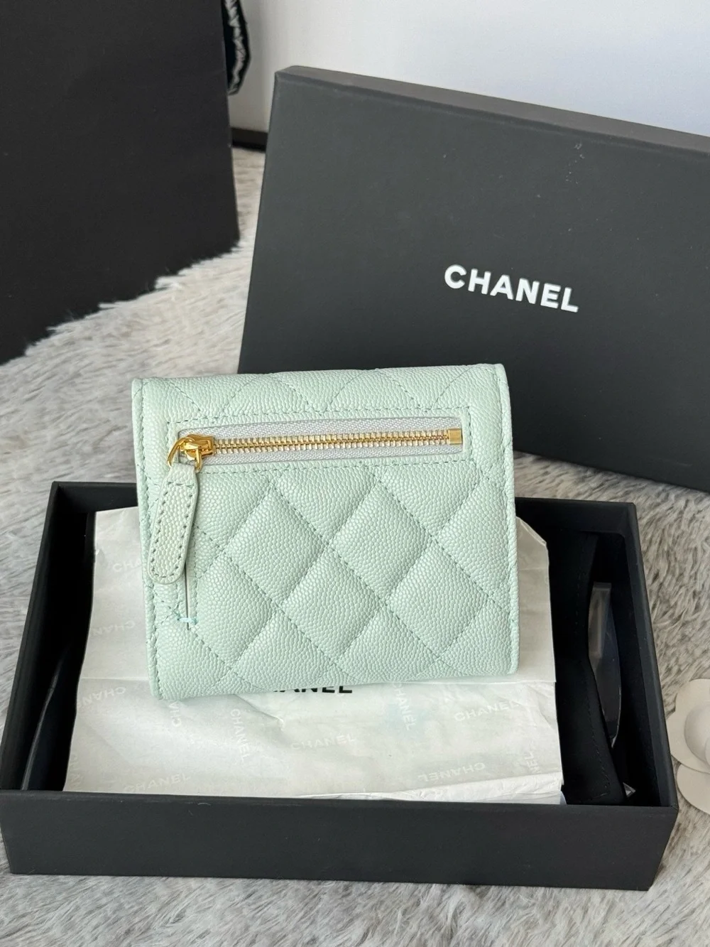 CHANEL Mint Quilted Leather Compact Wallet with Gold CC